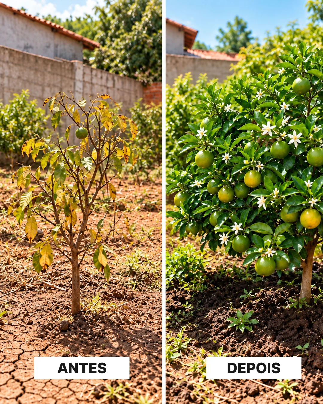 Imagem comparativa de uma árvore frutífera antes e depois, enviada para a página