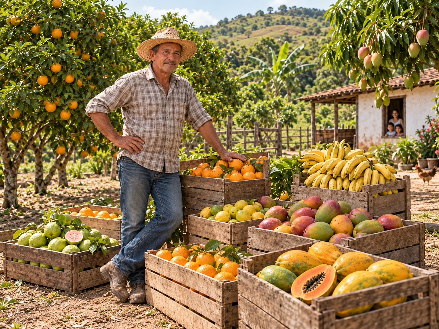 Pomar familiar com árvores frutíferas e caixas de frutas colhidas